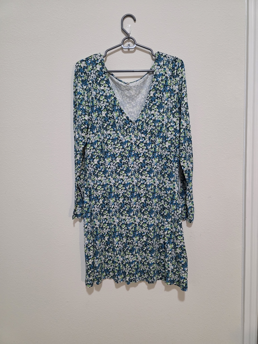 bp Floral V-Neck Long Sleeve Dress - Blue Green White